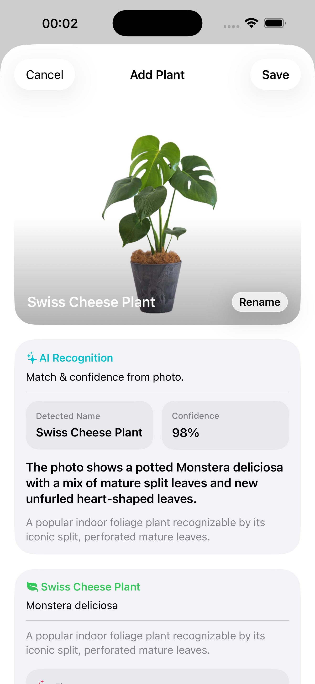 LeafAid add plant screen with AI recognition results