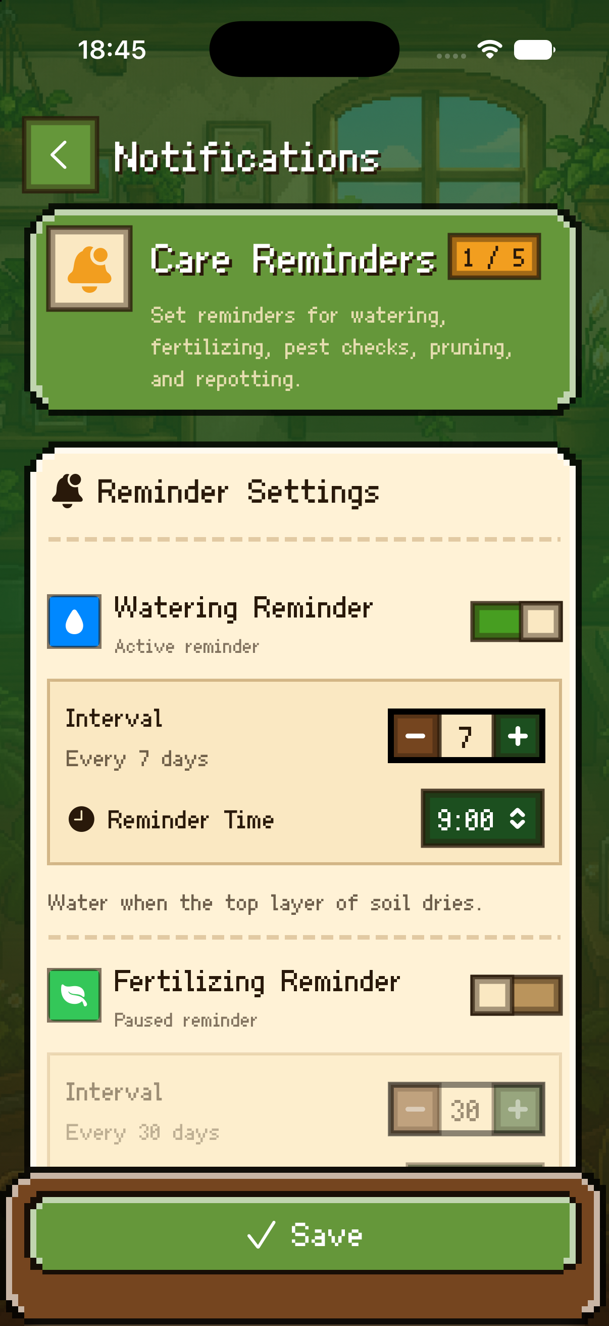 Plantory notification settings screen for care reminders