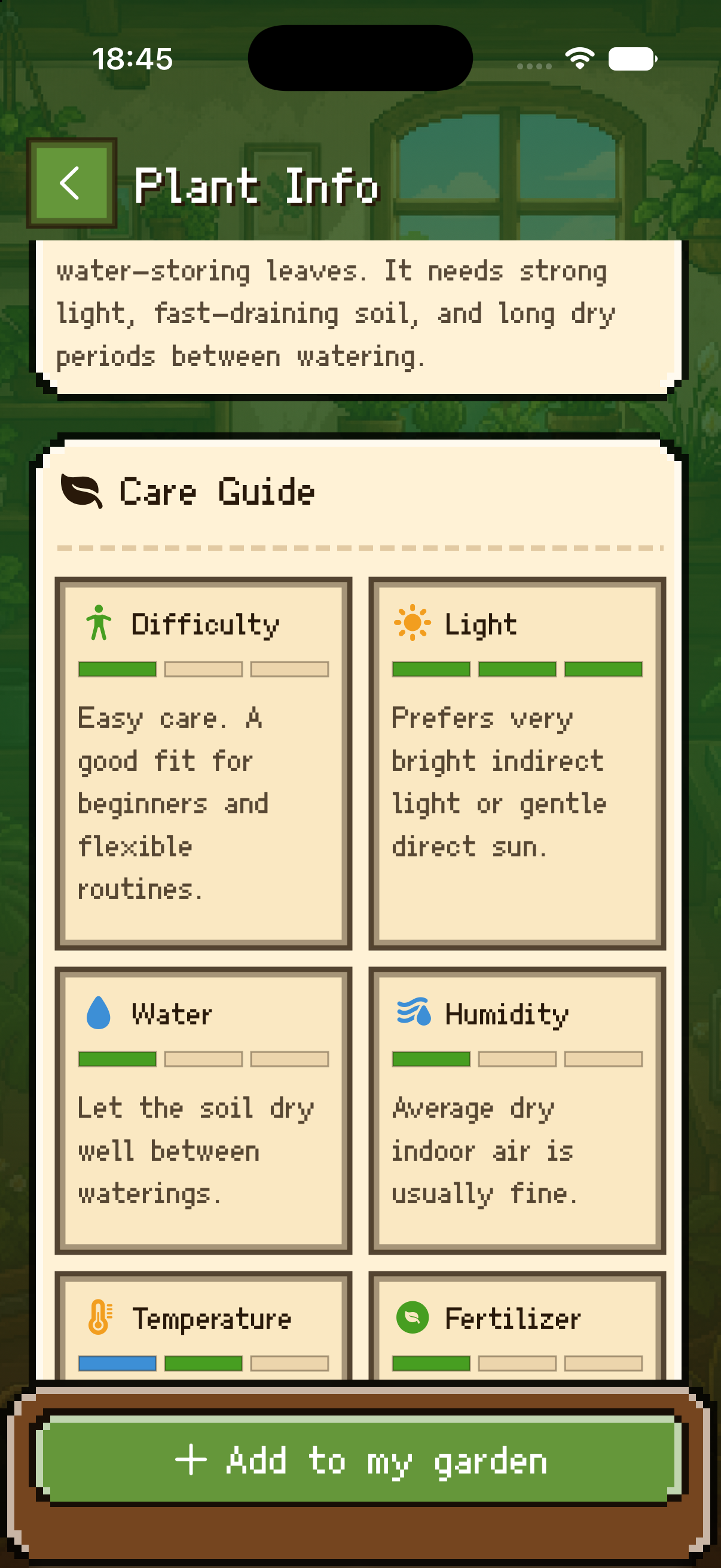 Plantory plant encyclopedia screen with pixel cards