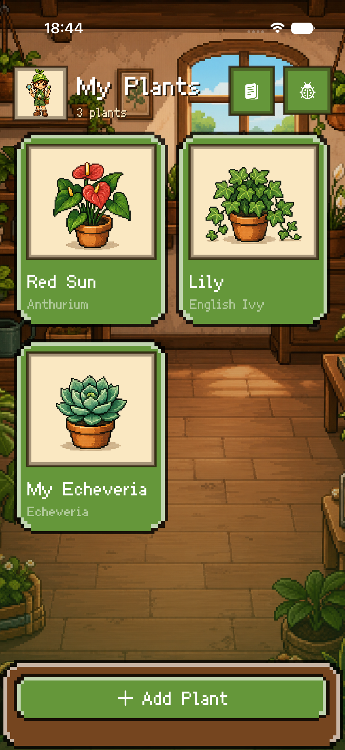 Plantory pixel game style plant list screen
