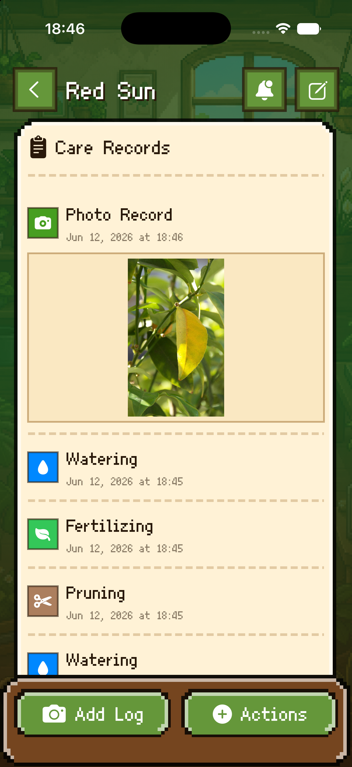 Plantory plant records screen showing care logs