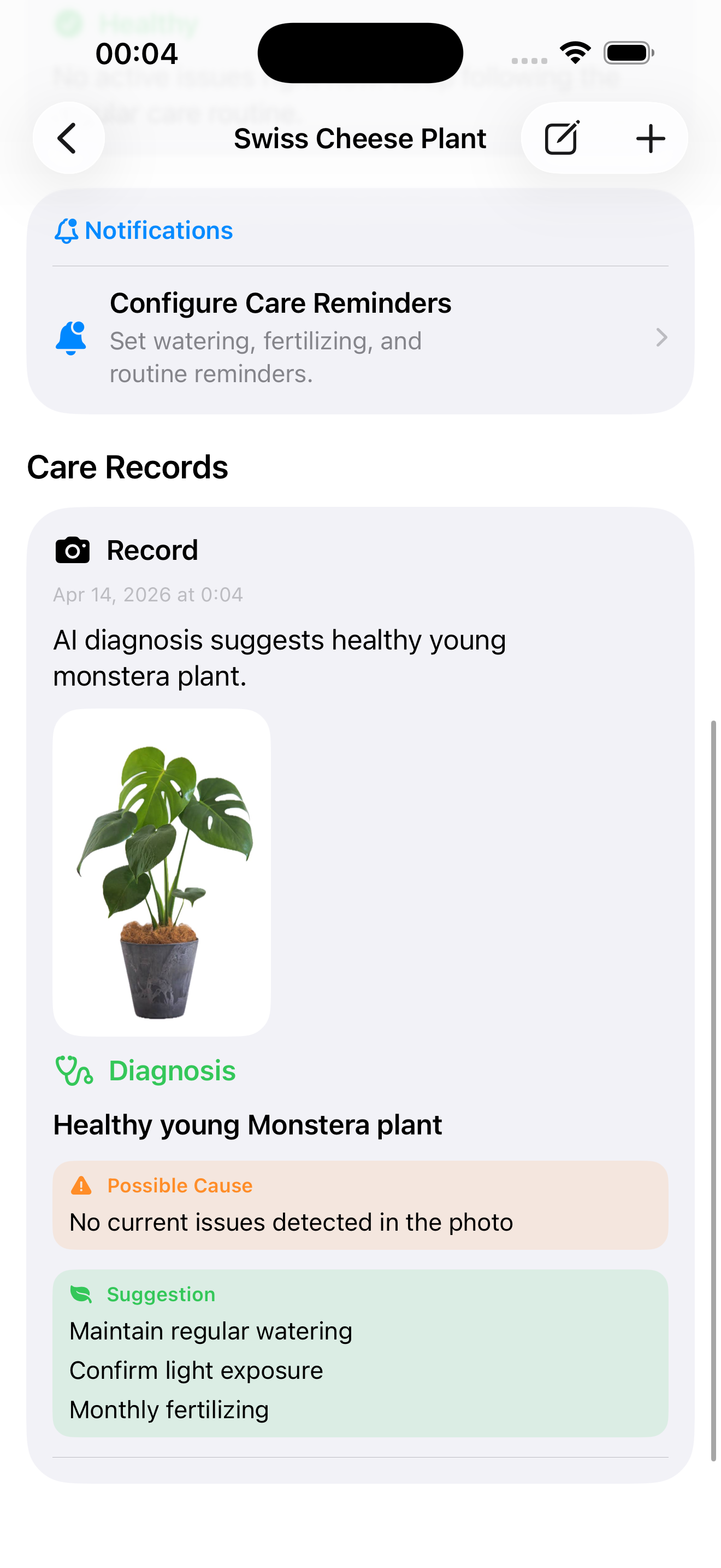 LeafAid plant record screen with AI diagnosis