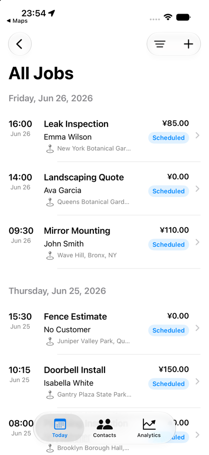 Jobory All Jobs screen showing scheduled work.