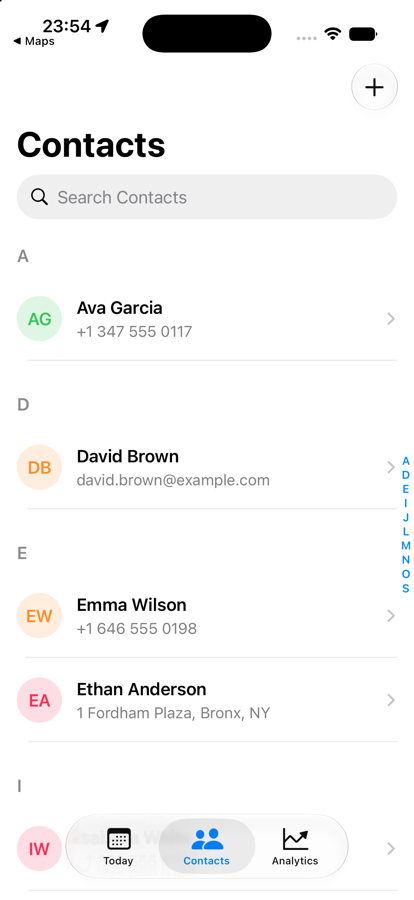 Jobory Contacts screen with customer list and search.