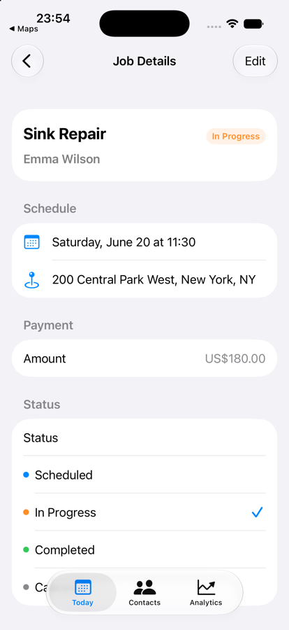 Jobory Job Detail screen with customer, date, location, price, and status.