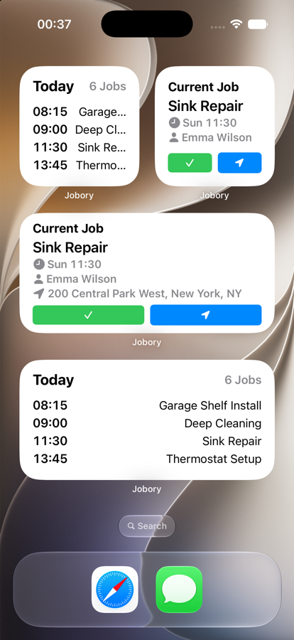 Jobory iOS widgets showing today summary and focused job information.